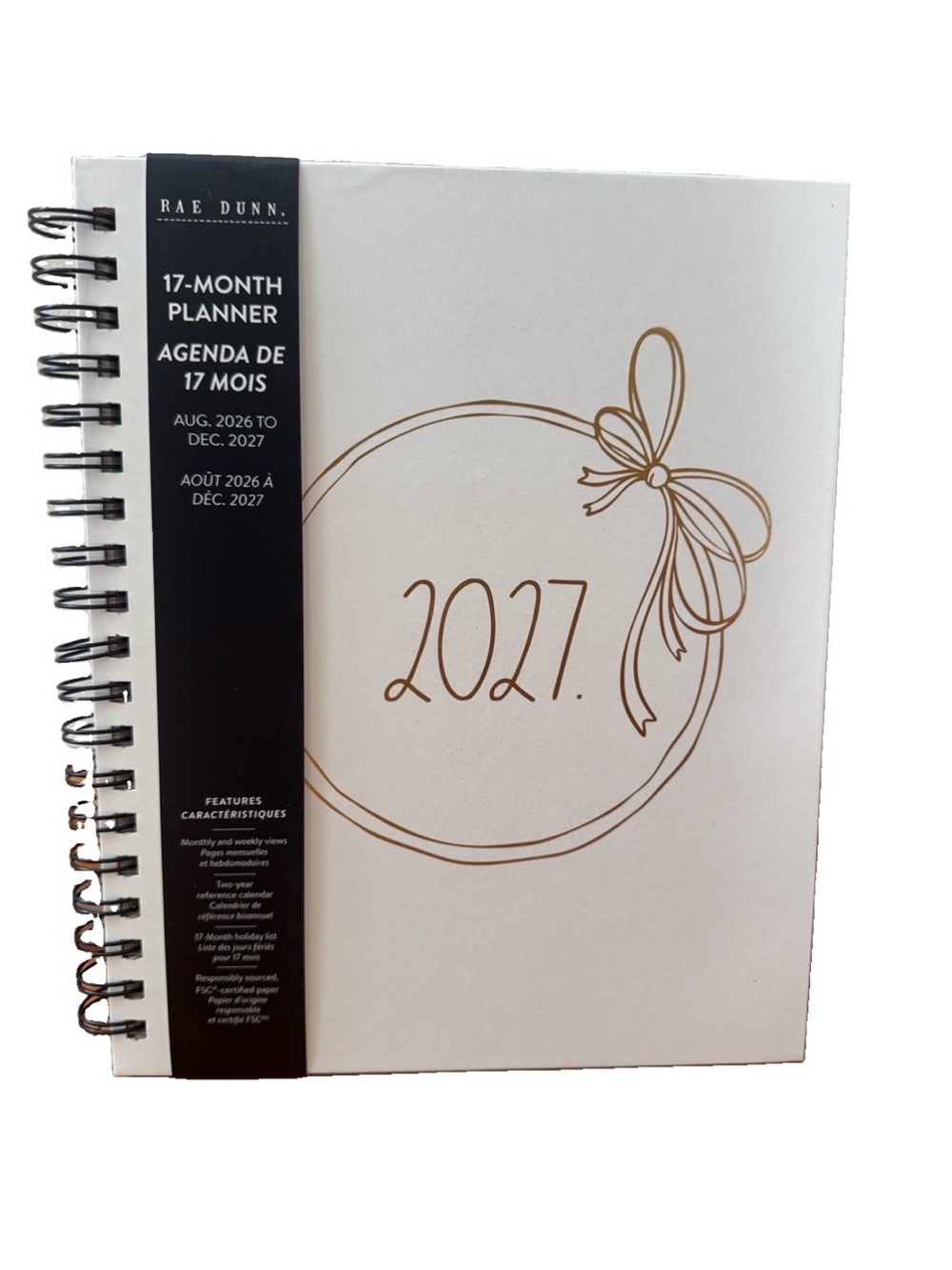 Rae Dunn 2027 PLANNER Hard Cover Spiral 17 months Planner Bow Design 10x8”